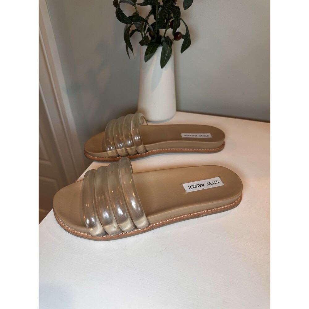 Steve Madden Clear Puffy Multi Strap Flat Slide Sandals Tan Nude Womens Size 7